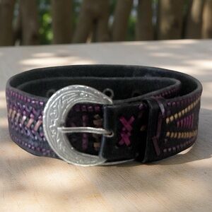 Western Boho Handmade Leather Belt Black Multicolor Woven design Size 34.75x1.45